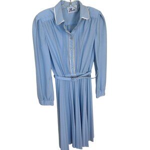 Vintage Womens Belted Midi Dress Butte Light Blue Pleated Long Sleeve 1970s